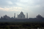 The guest house, the Taj Mahal and the mosque seen from the other side of the river